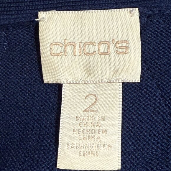 Chico's Women's Navy blue long sleeve open front cardigan with lace trim; size 2 - Picture 6 of 8